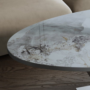 English Elm 49.2 Inch Oval Sintered Stone Coffee Table with Sculptural S-Shaped Stainless Steel Base Gray/White W3136S00149