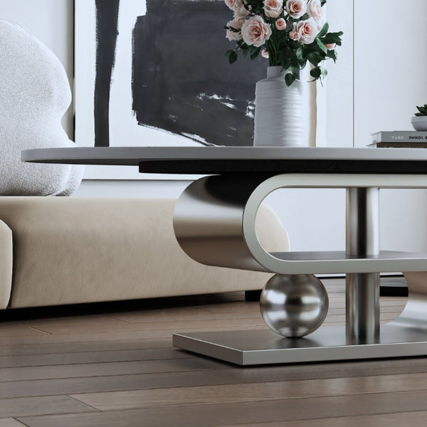 English Elm 49.2 Inch Oval Sintered Stone Coffee Table with Sculptural S-Shaped Stainless Steel Base Gray/White W3136S00149