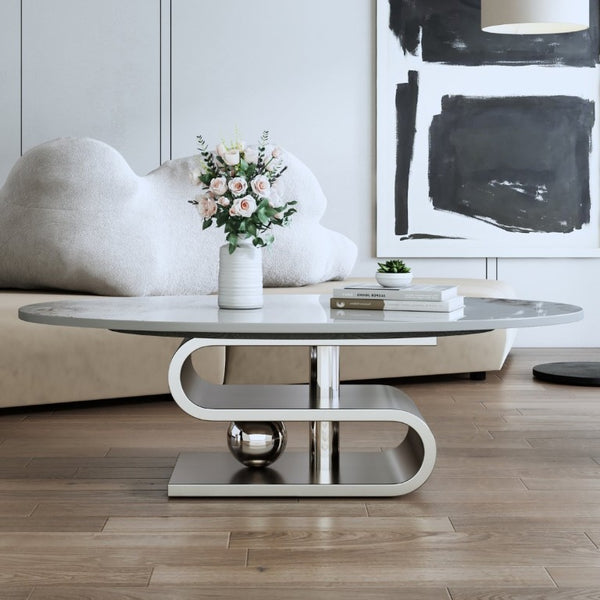 English Elm 49.2 Inch Oval Sintered Stone Coffee Table with Sculptural S-Shaped Stainless Steel Base Gray/White W3136S00149