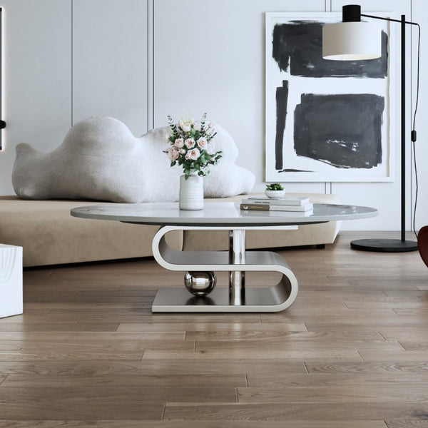 English Elm 49.2 Inch Oval Sintered Stone Coffee Table with Sculptural S-Shaped Stainless Steel Base Gray/White W3136S00149