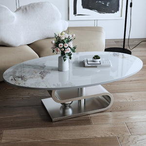 English Elm 49.2 Inch Oval Sintered Stone Coffee Table with Sculptural S-Shaped Stainless Steel Base Gray/White W3136S00149