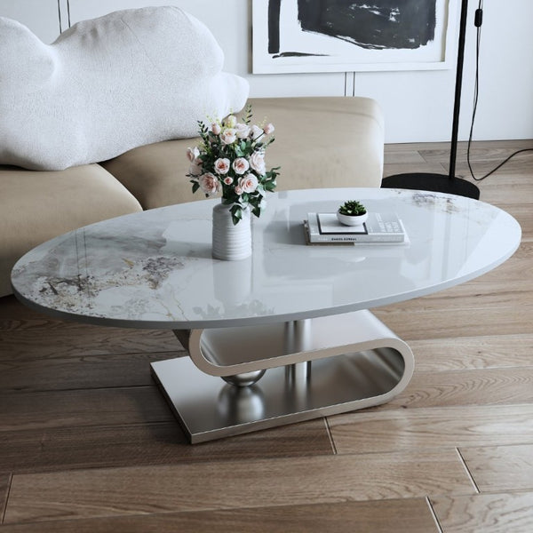 English Elm 49.2 Inch Oval Sintered Stone Coffee Table with Sculptural S-Shaped Stainless Steel Base Gray/White W3136S00149