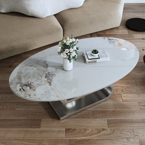 English Elm 49.2 Inch Oval Sintered Stone Coffee Table with Sculptural S-Shaped Stainless Steel Base Gray/White W3136S00149