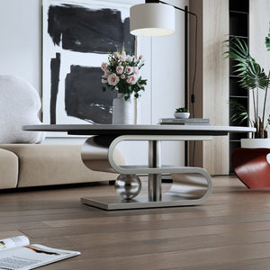 English Elm 49.2 Inch Oval Sintered Stone Coffee Table with Sculptural S-Shaped Stainless Steel Base Gray/White W3136S00149