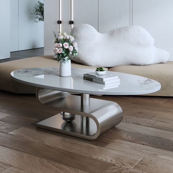 English Elm 49.2 Inch Oval Sintered Stone Coffee Table with Sculptural S-Shaped Stainless Steel Base Gray/White W3136S00149