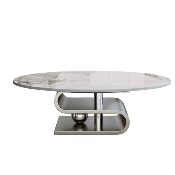 English Elm 49.2 Inch Oval Sintered Stone Coffee Table with Sculptural S-Shaped Stainless Steel Base Gray/White W3136S00149