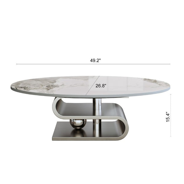 English Elm 49.2 Inch Oval Sintered Stone Coffee Table with Sculptural S-Shaped Stainless Steel Base Gray/White W3136S00149
