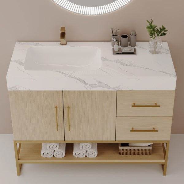English Elm 36 Inch Freestanding Bathroom Vanity with Sintered Stone Top and Ceramic Basin Gold, White+Black, Wood - B W3136S00150