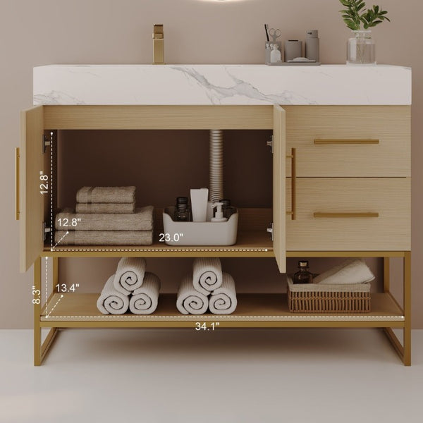 English Elm 36 Inch Freestanding Bathroom Vanity with Sintered Stone Top and Ceramic Basin Gold, White+Black, Wood - B W3136S00150