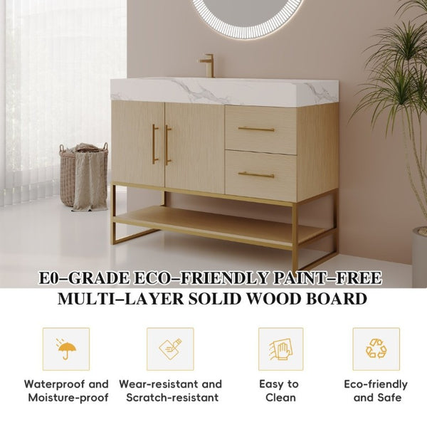 English Elm 36 Inch Freestanding Bathroom Vanity with Sintered Stone Top and Ceramic Basin Gold, White+Black, Wood - B W3136S00150