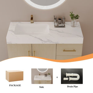 English Elm 36 Inch Freestanding Bathroom Vanity with Sintered Stone Top and Ceramic Basin Gold, White+Black, Wood - B W3136S00150
