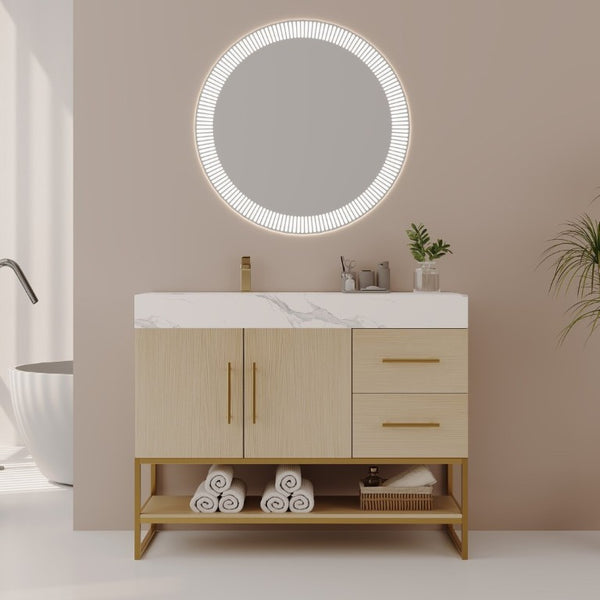 English Elm 36 Inch Freestanding Bathroom Vanity with Sintered Stone Top and Ceramic Basin Gold, White+Black, Wood - B W3136S00150