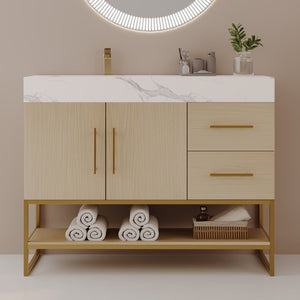 English Elm 36 Inch Freestanding Bathroom Vanity with Sintered Stone Top and Ceramic Basin Gold, White+Black, Wood - B W3136S00150