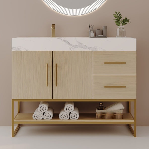 English Elm 36 Inch Freestanding Bathroom Vanity with Sintered Stone Top and Ceramic Basin Gold, White+Black, Wood - B W3136S00150