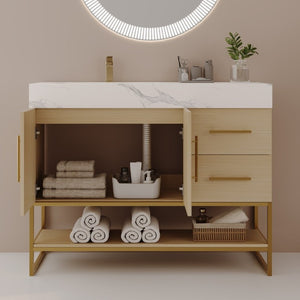 English Elm 36 Inch Freestanding Bathroom Vanity with Sintered Stone Top and Ceramic Basin Gold, White+Black, Wood - B W3136S00150