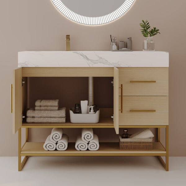 English Elm 36 Inch Freestanding Bathroom Vanity with Sintered Stone Top and Ceramic Basin Gold, White+Black, Wood - B W3136S00150