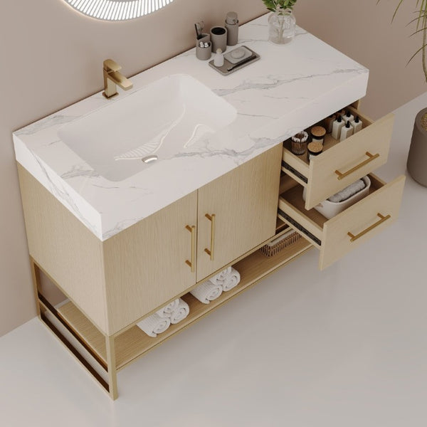 English Elm 36 Inch Freestanding Bathroom Vanity with Sintered Stone Top and Ceramic Basin Gold, White+Black, Wood - B W3136S00150