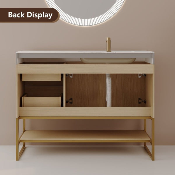 English Elm 36 Inch Freestanding Bathroom Vanity with Sintered Stone Top and Ceramic Basin Gold, White+Black, Wood - B W3136S00150