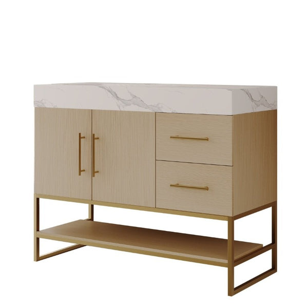 English Elm 36 Inch Freestanding Bathroom Vanity with Sintered Stone Top and Ceramic Basin Gold, White+Black, Wood - B W3136S00150