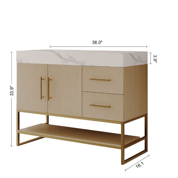 English Elm 36 Inch Freestanding Bathroom Vanity with Sintered Stone Top and Ceramic Basin Gold, White+Black, Wood - B W3136S00150
