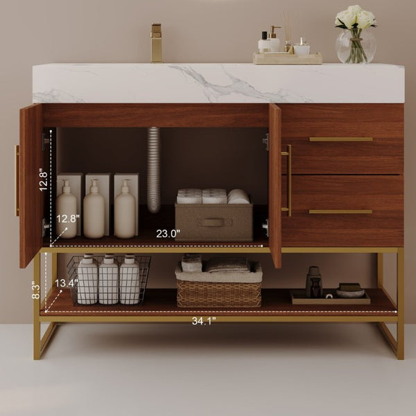 English Elm 36 Inch Freestanding Bathroom Vanity with Sintered Stone Top and Ceramic Basin Gold, Walnut, White W3136S00151
