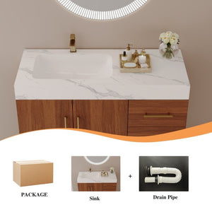 English Elm 36 Inch Freestanding Bathroom Vanity with Sintered Stone Top and Ceramic Basin Gold, Walnut, White W3136S00151