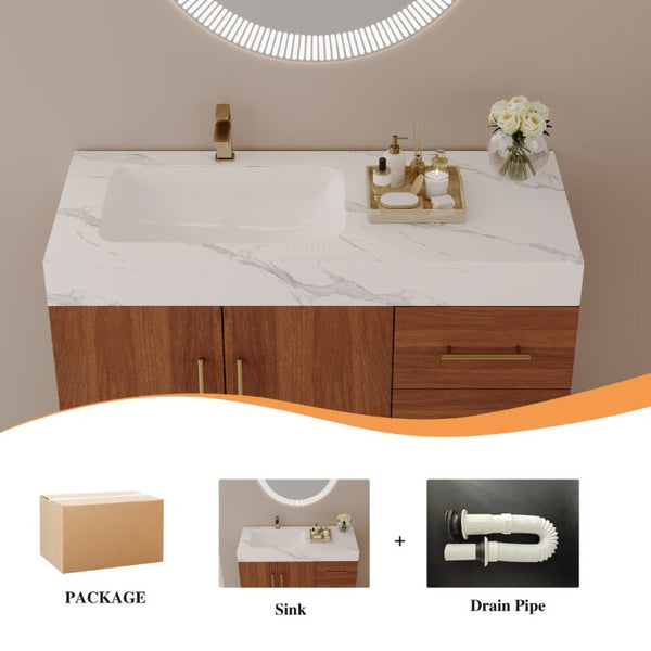 English Elm 36 Inch Freestanding Bathroom Vanity with Sintered Stone Top and Ceramic Basin Gold, Walnut, White W3136S00151