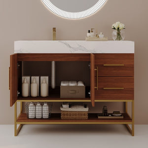 English Elm 36 Inch Freestanding Bathroom Vanity with Sintered Stone Top and Ceramic Basin Gold, Walnut, White W3136S00151