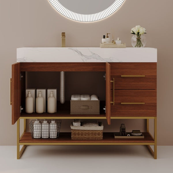 English Elm 36 Inch Freestanding Bathroom Vanity with Sintered Stone Top and Ceramic Basin Gold, Walnut, White W3136S00151