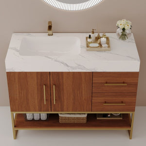 English Elm 36 Inch Freestanding Bathroom Vanity with Sintered Stone Top and Ceramic Basin Gold, Walnut, White W3136S00151