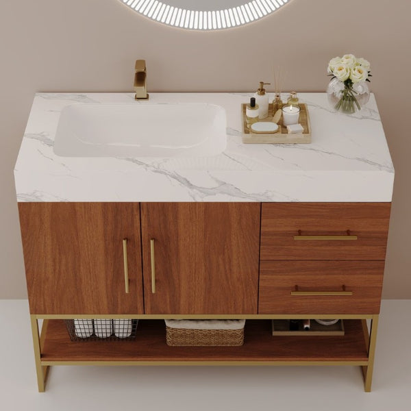 English Elm 36 Inch Freestanding Bathroom Vanity with Sintered Stone Top and Ceramic Basin Gold, Walnut, White W3136S00151