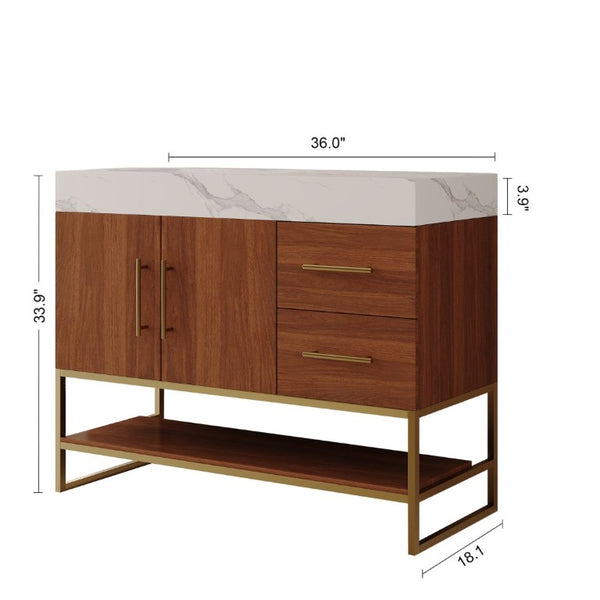 English Elm 36 Inch Freestanding Bathroom Vanity with Sintered Stone Top and Ceramic Basin Gold, Walnut, White W3136S00151