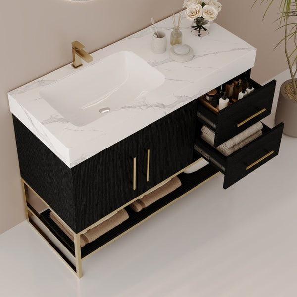 English Elm 36 Inch Freestanding Bathroom Vanity with Sintered Stone Top and Ceramic Basin Black, Gold, White W3136S00152