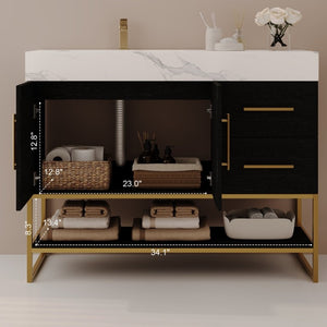 English Elm 36 Inch Freestanding Bathroom Vanity with Sintered Stone Top and Ceramic Basin Black, Gold, White W3136S00152