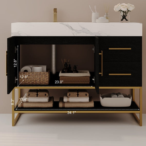 English Elm 36 Inch Freestanding Bathroom Vanity with Sintered Stone Top and Ceramic Basin Black, Gold, White W3136S00152