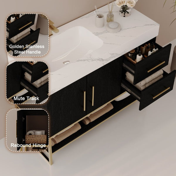 English Elm 36 Inch Freestanding Bathroom Vanity with Sintered Stone Top and Ceramic Basin Black, Gold, White W3136S00152