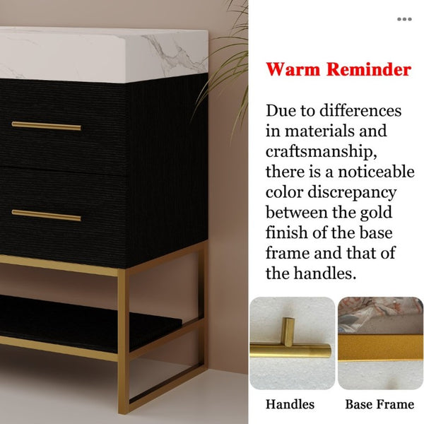 English Elm 36 Inch Freestanding Bathroom Vanity with Sintered Stone Top and Ceramic Basin Black, Gold, White W3136S00152