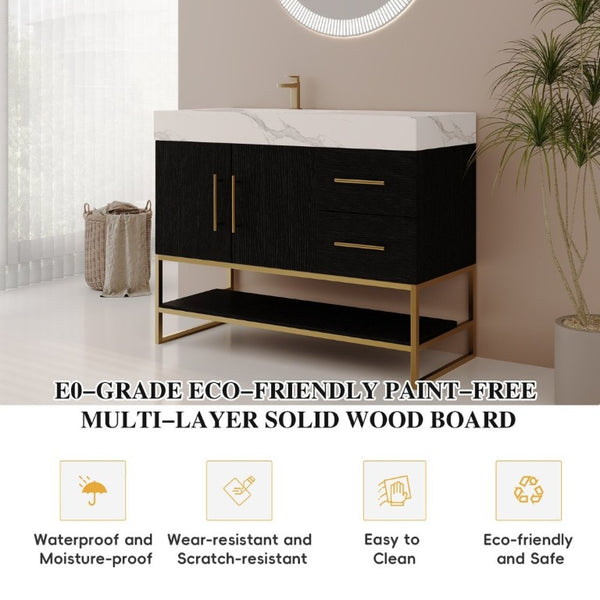 English Elm 36 Inch Freestanding Bathroom Vanity with Sintered Stone Top and Ceramic Basin Black, Gold, White W3136S00152