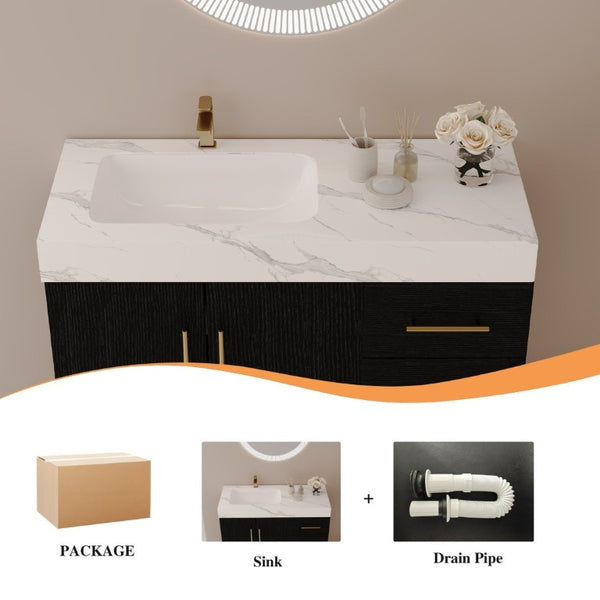 English Elm 36 Inch Freestanding Bathroom Vanity with Sintered Stone Top and Ceramic Basin Black, Gold, White W3136S00152