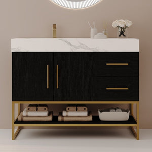 English Elm 36 Inch Freestanding Bathroom Vanity with Sintered Stone Top and Ceramic Basin Black, Gold, White W3136S00152