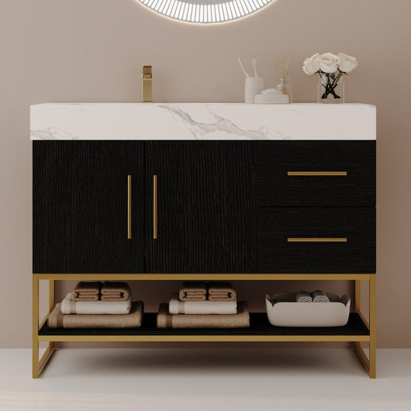 English Elm 36 Inch Freestanding Bathroom Vanity with Sintered Stone Top and Ceramic Basin Black, Gold, White W3136S00152