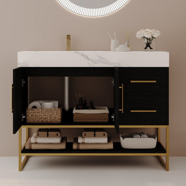 English Elm 36 Inch Freestanding Bathroom Vanity with Sintered Stone Top and Ceramic Basin Black, Gold, White W3136S00152