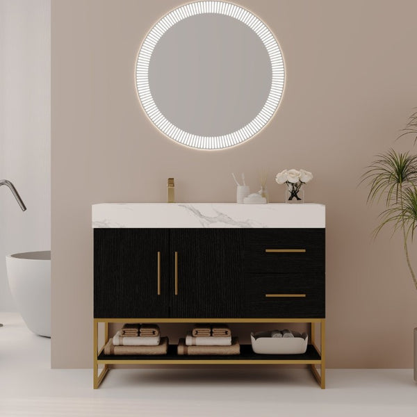 English Elm 36 Inch Freestanding Bathroom Vanity with Sintered Stone Top and Ceramic Basin Black, Gold, White W3136S00152