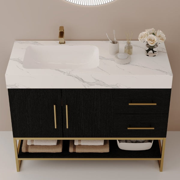 English Elm 36 Inch Freestanding Bathroom Vanity with Sintered Stone Top and Ceramic Basin Black, Gold, White W3136S00152