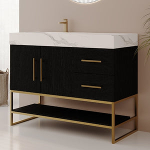 English Elm 36 Inch Freestanding Bathroom Vanity with Sintered Stone Top and Ceramic Basin Black, Gold, White W3136S00152
