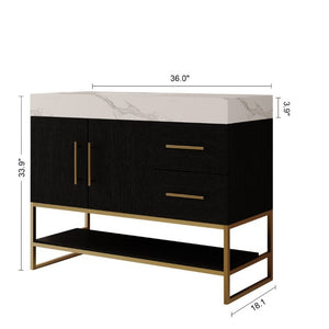 English Elm 36 Inch Freestanding Bathroom Vanity with Sintered Stone Top and Ceramic Basin Black, Gold, White W3136S00152