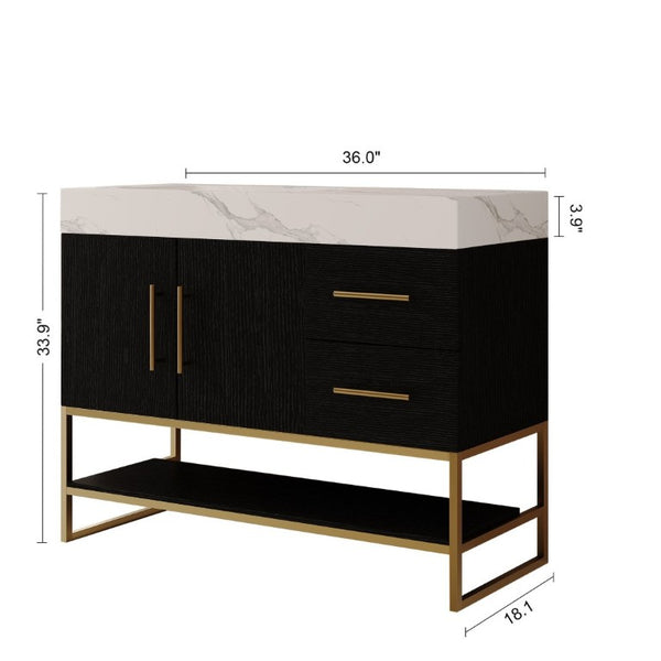 English Elm 36 Inch Freestanding Bathroom Vanity with Sintered Stone Top and Ceramic Basin Black, Gold, White W3136S00152