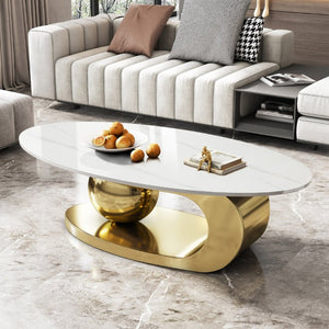 English Elm 49.2 Inch Oval Sintered Stone Coffee Table with Sculptural Titanium Steel Base Gold, White W3136S00153
