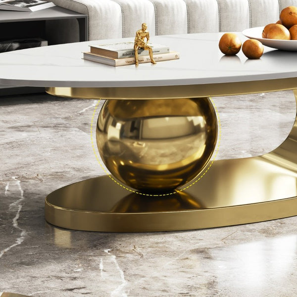 English Elm 49.2 Inch Oval Sintered Stone Coffee Table with Sculptural Titanium Steel Base Gold, White W3136S00153