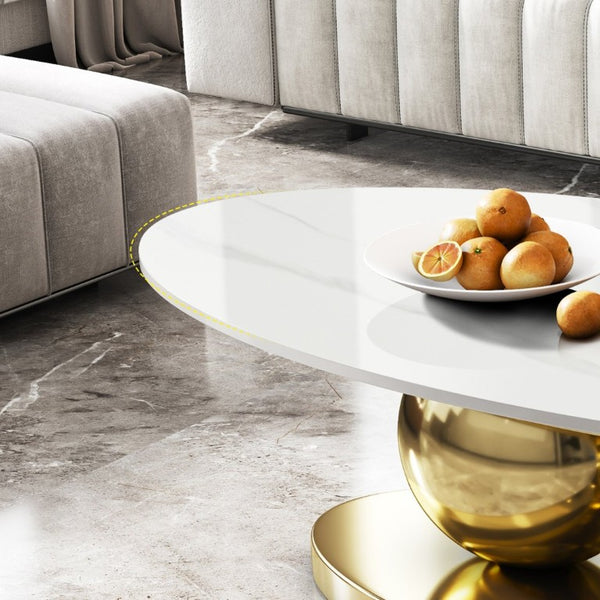English Elm 49.2 Inch Oval Sintered Stone Coffee Table with Sculptural Titanium Steel Base Gold, White W3136S00153